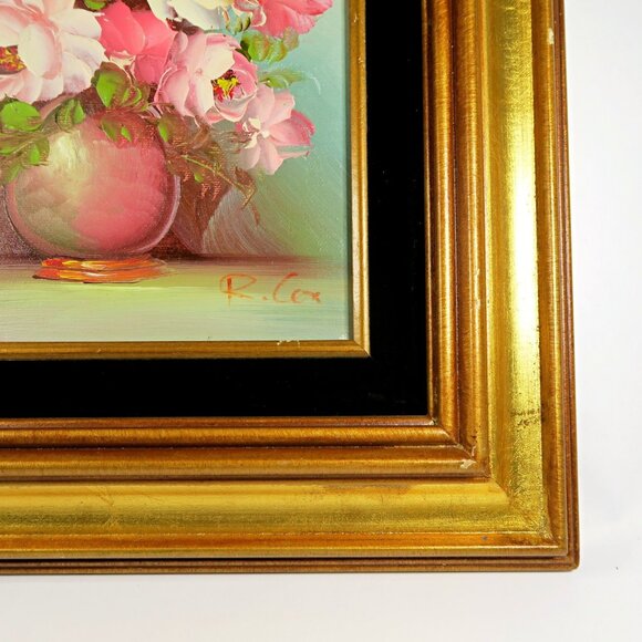 Robert Cox Signed 14x15" Framed Oil Painting Floral Still Life in Pink Vase - Picture 2 of 10